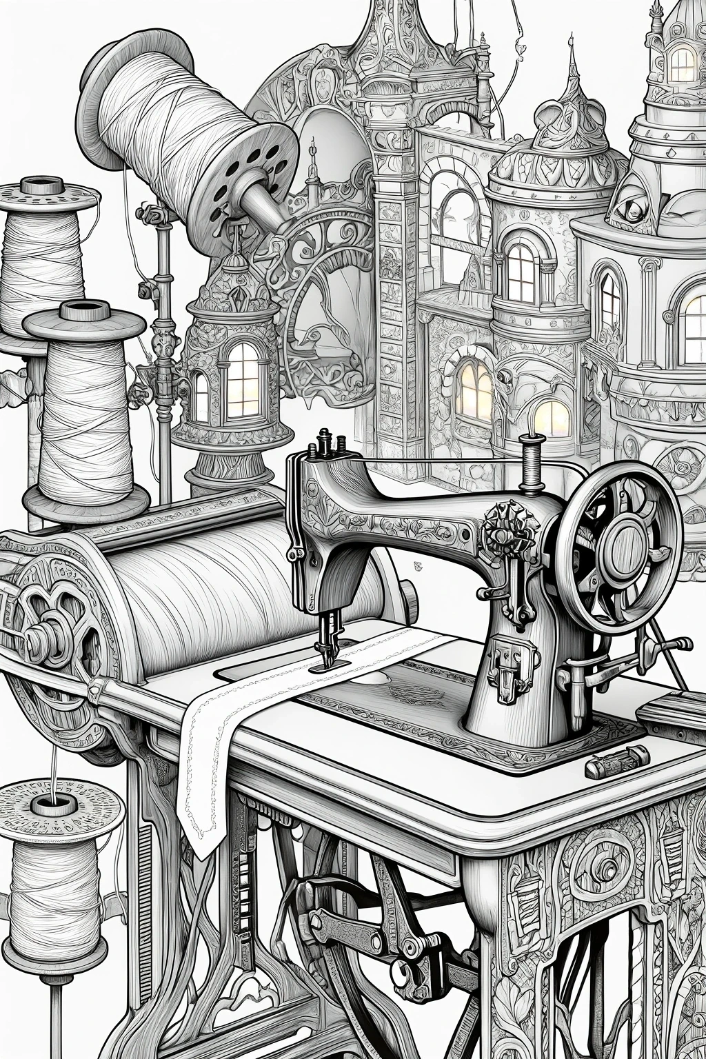 Black and white printable coloring page of an ornate sewing machine surrounded by spools of thread and fantasy castle-like architecture, designed as detailed coloring page and coloring sheets for a