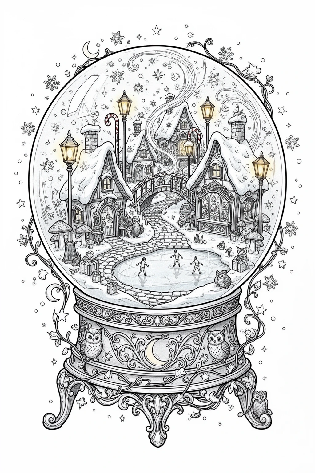 Enchanting Snow Globe Village coloring page.