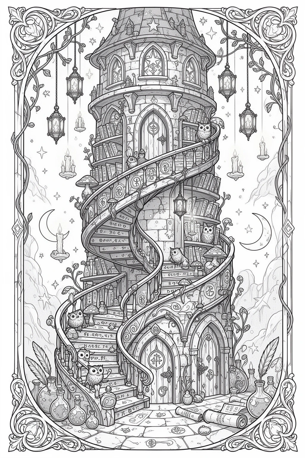 Enchanted Spiral Tower Library | Magical coloring page.
