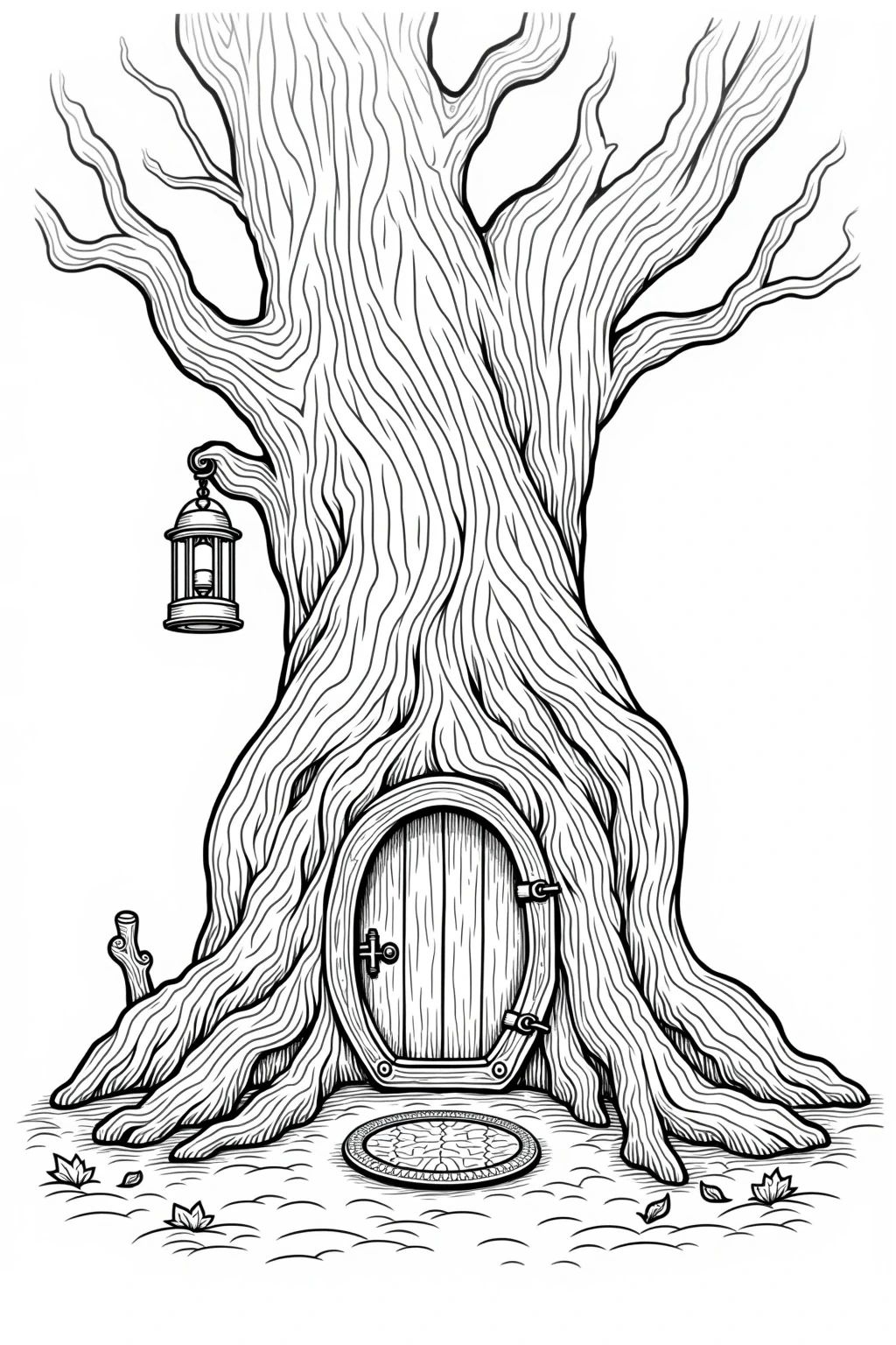 Black and white detailed tree house door line art for detailed coloring page, kids' coloring page, printable coloring page and coloring sheets perfect for fall and Halloween projects.