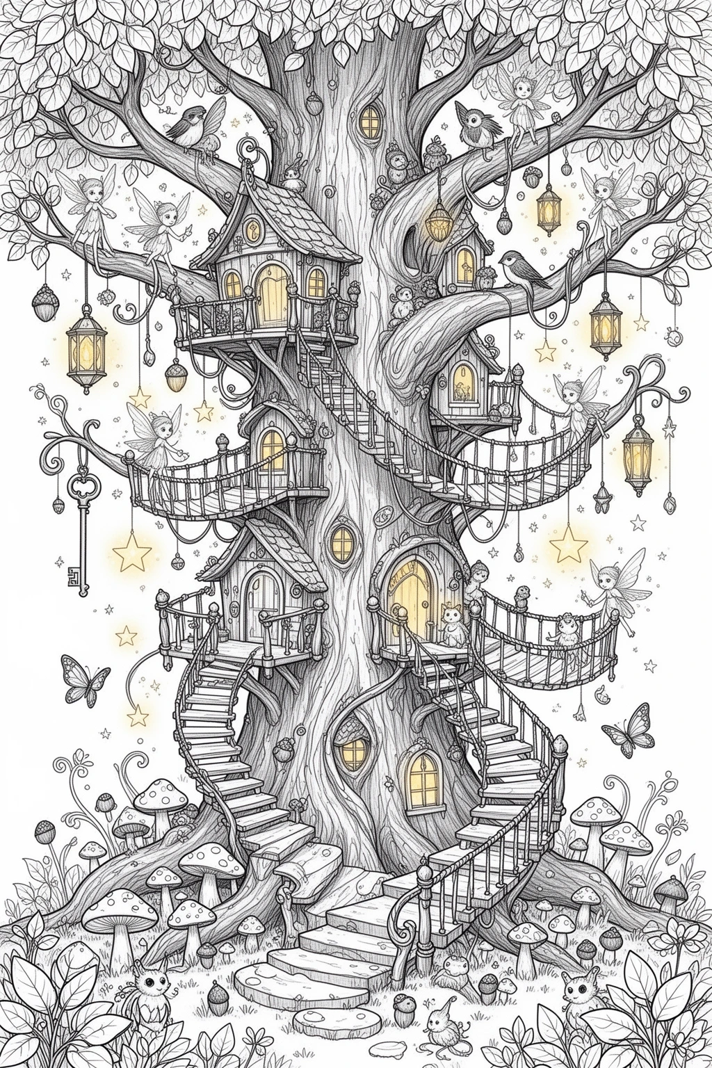 Moonlit Treehouse Bridges coloring page.