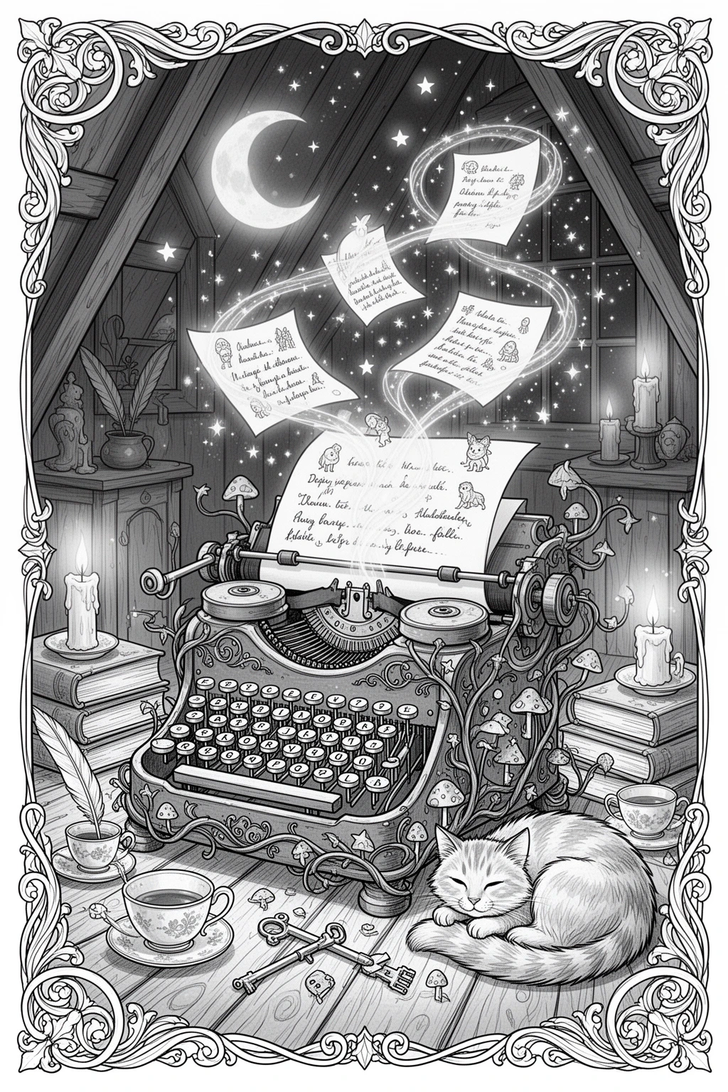 Moonlit Story Machine Printable coloring page.