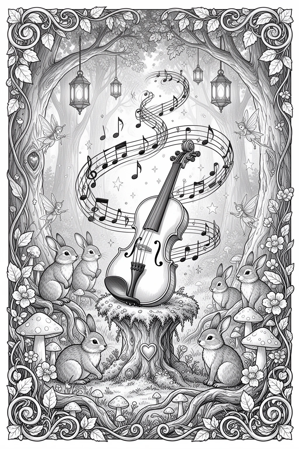 MAGICAL Violin Forest coloring page.