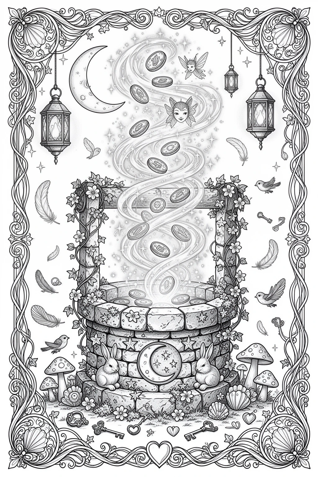 Enchanted Wishing Well coloring page for Magical Printable Fun.