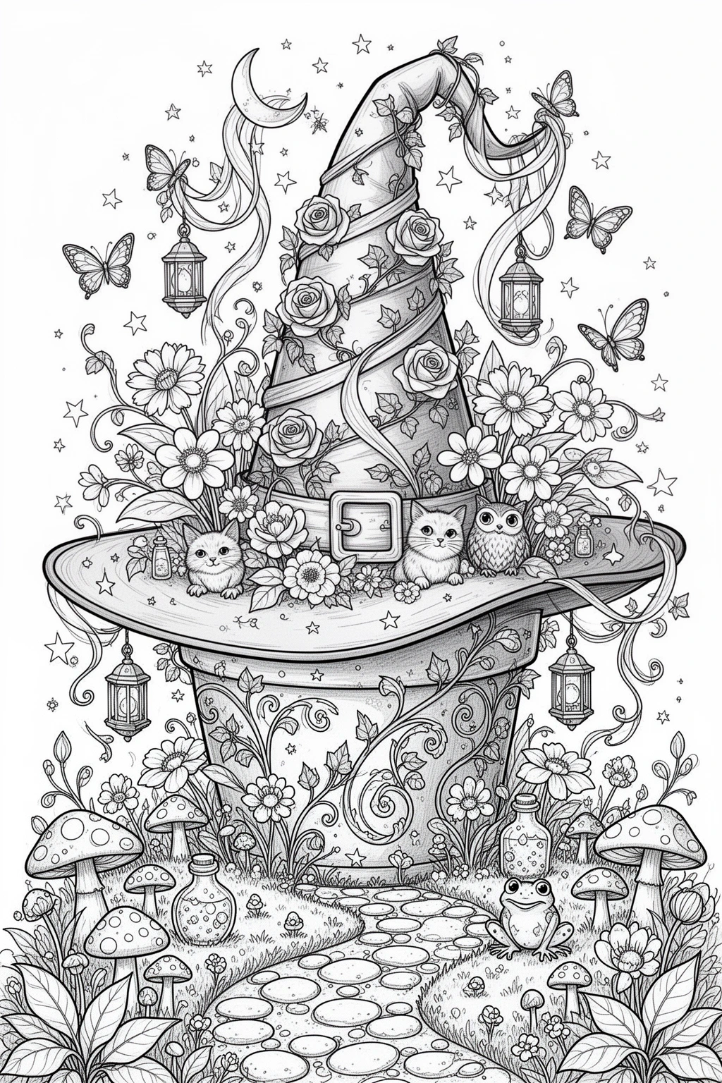 Enchanted Witch Hat Garden coloring page | Printable Fantasy Bloom.