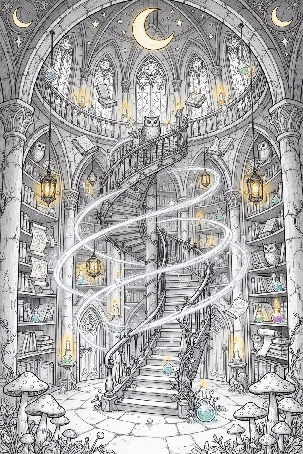 Can You Color This Enchanted Wizard Tower Library? Printable coloring page.