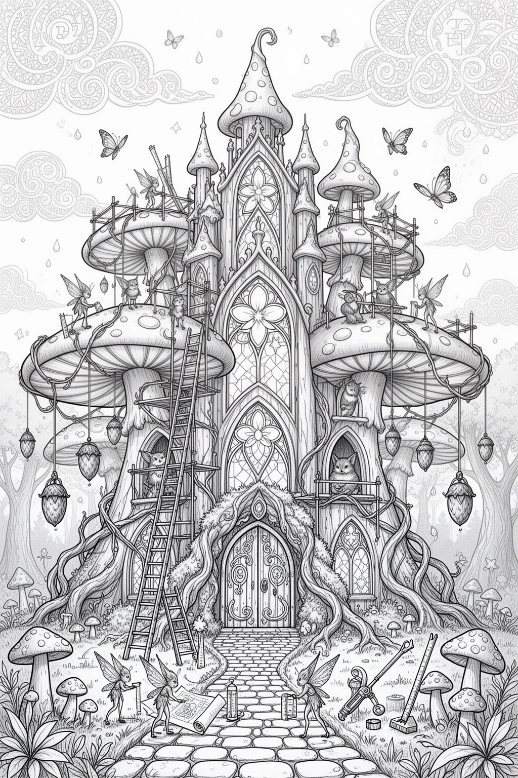 Fairy Architect Toadstool Cathedral coloring page.