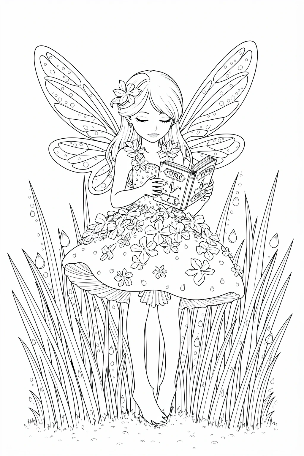 Black-and-white fairy line art sitting in grass reading a book; a detailed coloring page design suitable for kids' coloring page and printable coloring page use as coloring sheets.