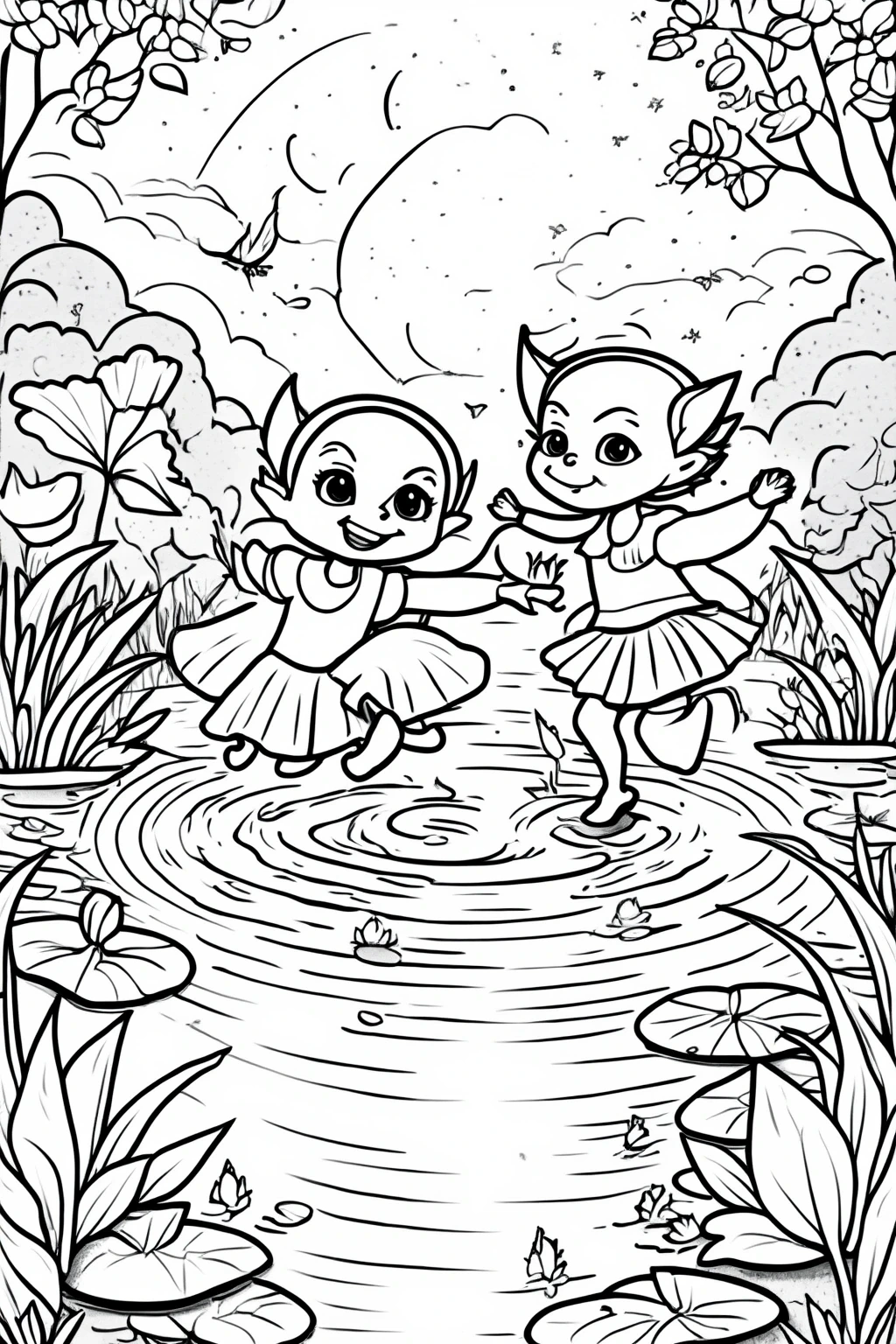 Black and white fairy scene: two playful fairies dancing in a pond among lily pads and flowers. A printable coloring page perfect as kids' coloring page, detailed coloring page, and coloring sheets.