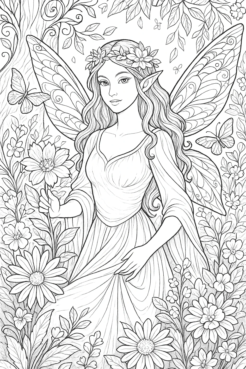 Black and white line art of an elf-like fairy holding a flower among daisies and butterflies detailed coloring page, kids' coloring page, printable coloring page, coloring sheets, spring and floral