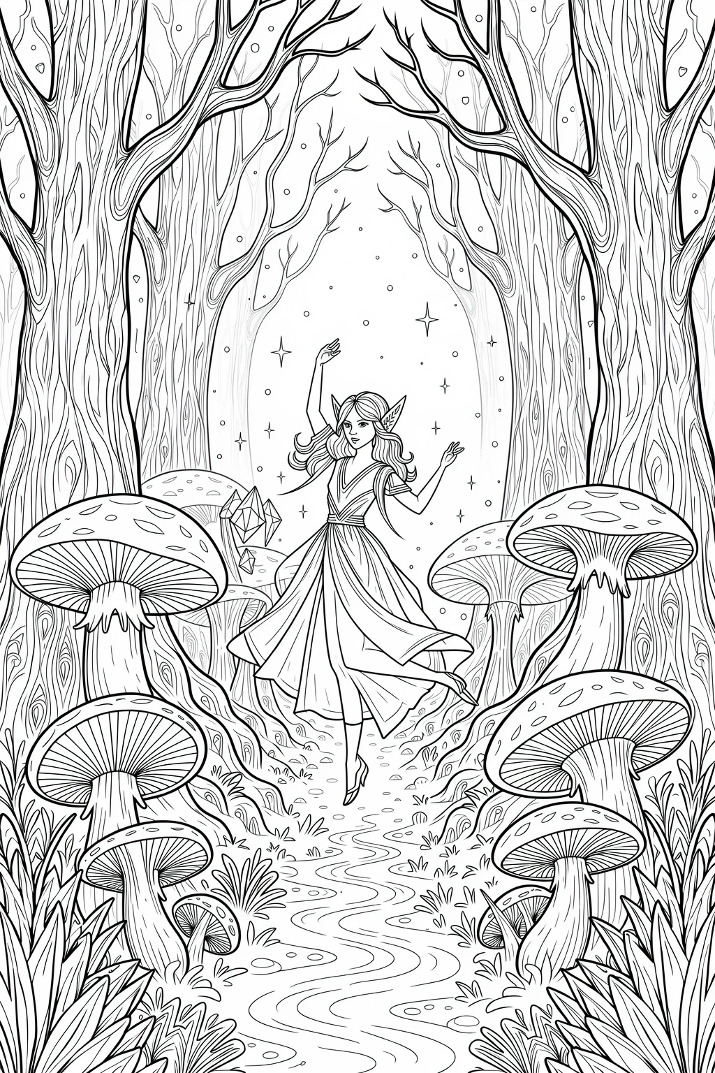 Black-and-white enchanted forest fairy printable coloring page detailed coloring page with intricate trees and giant mushrooms. Perfect kids' coloring page, printable coloring page and coloring