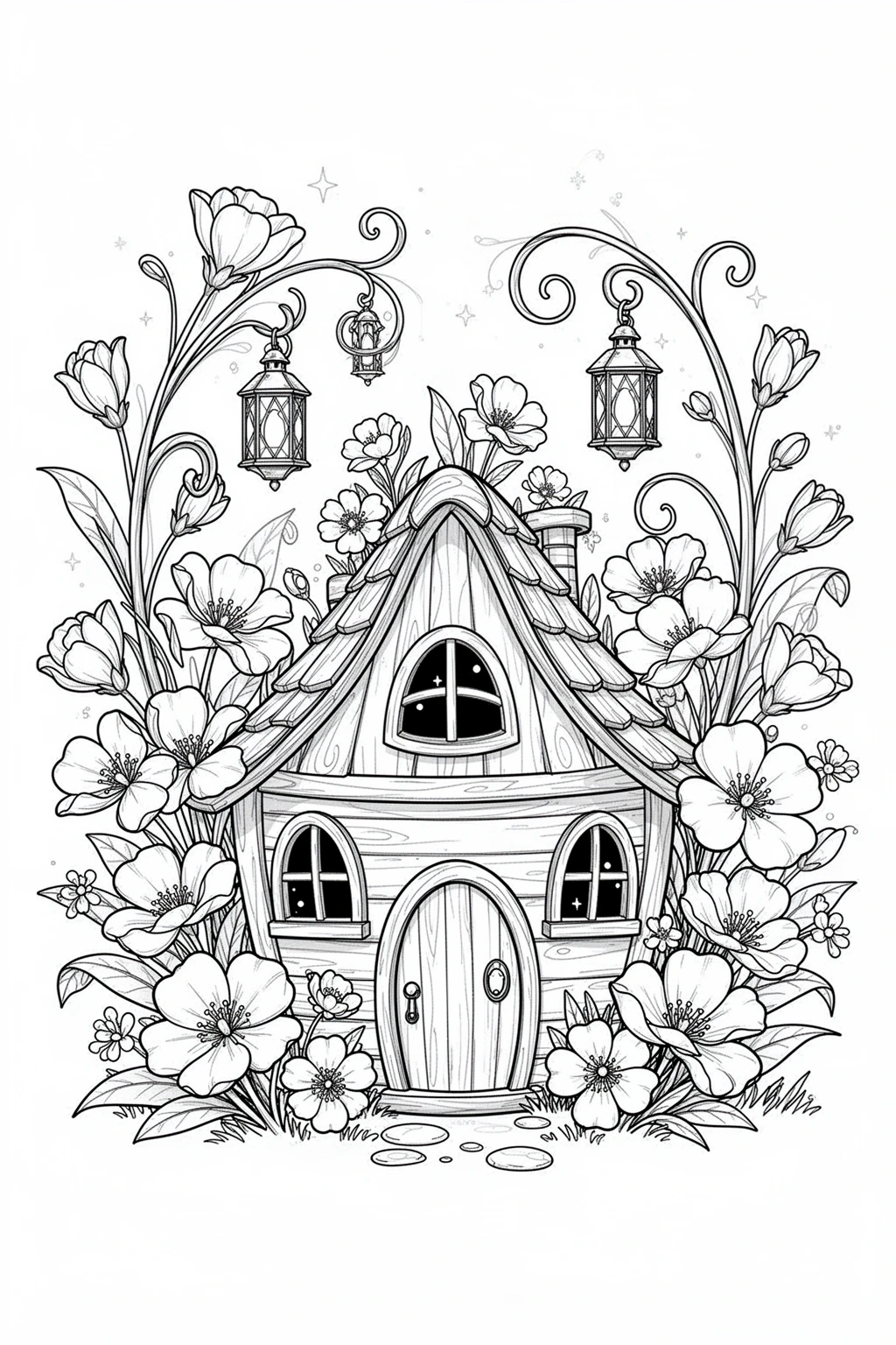 Black-and-white coloring page of a tiny fairy cottage surrounded by flowers and hanging lanterns.