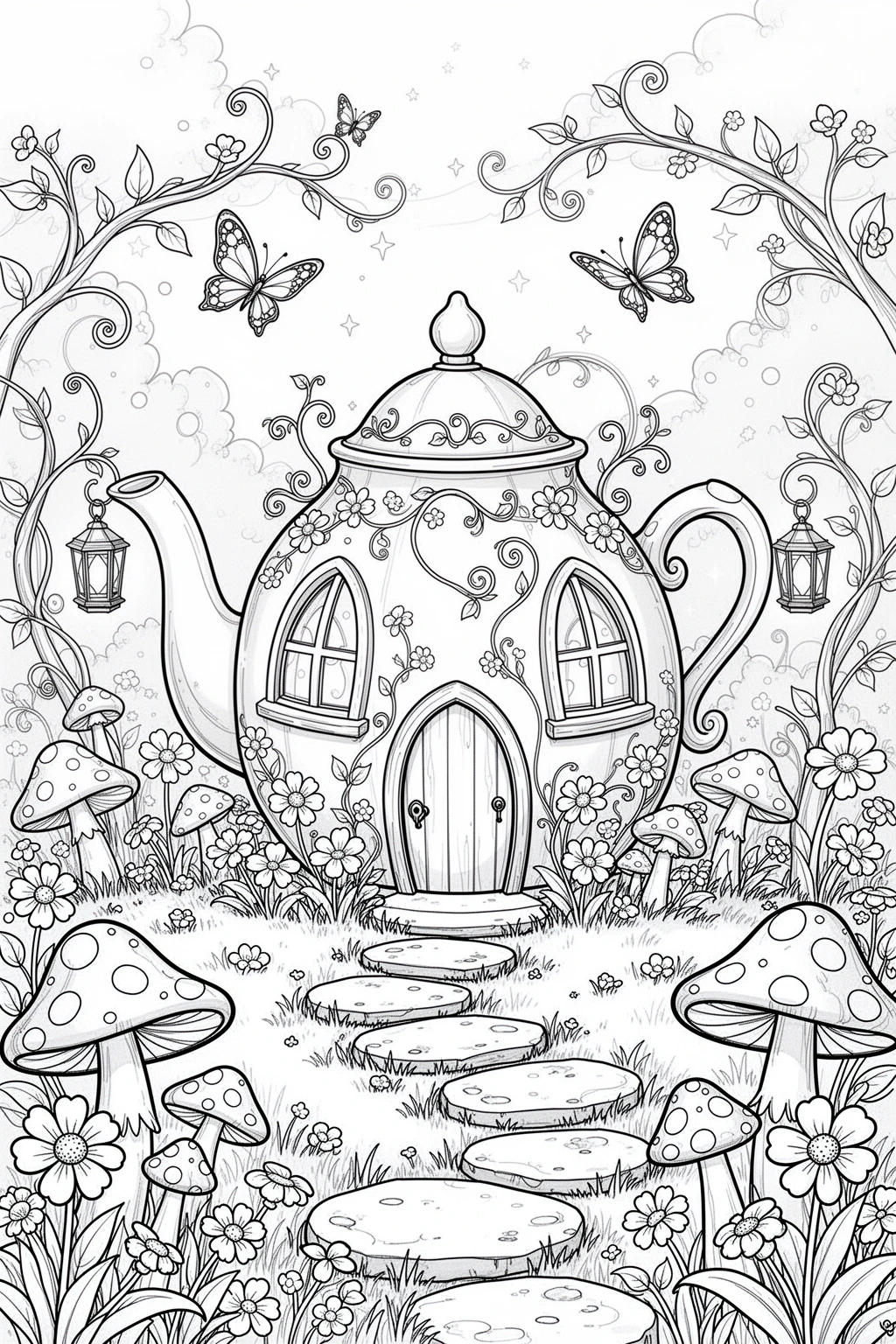 Printable coloring page of a whimsical fairy cottage shaped like a teapot with flowers, windows, vines, and magical garden details.