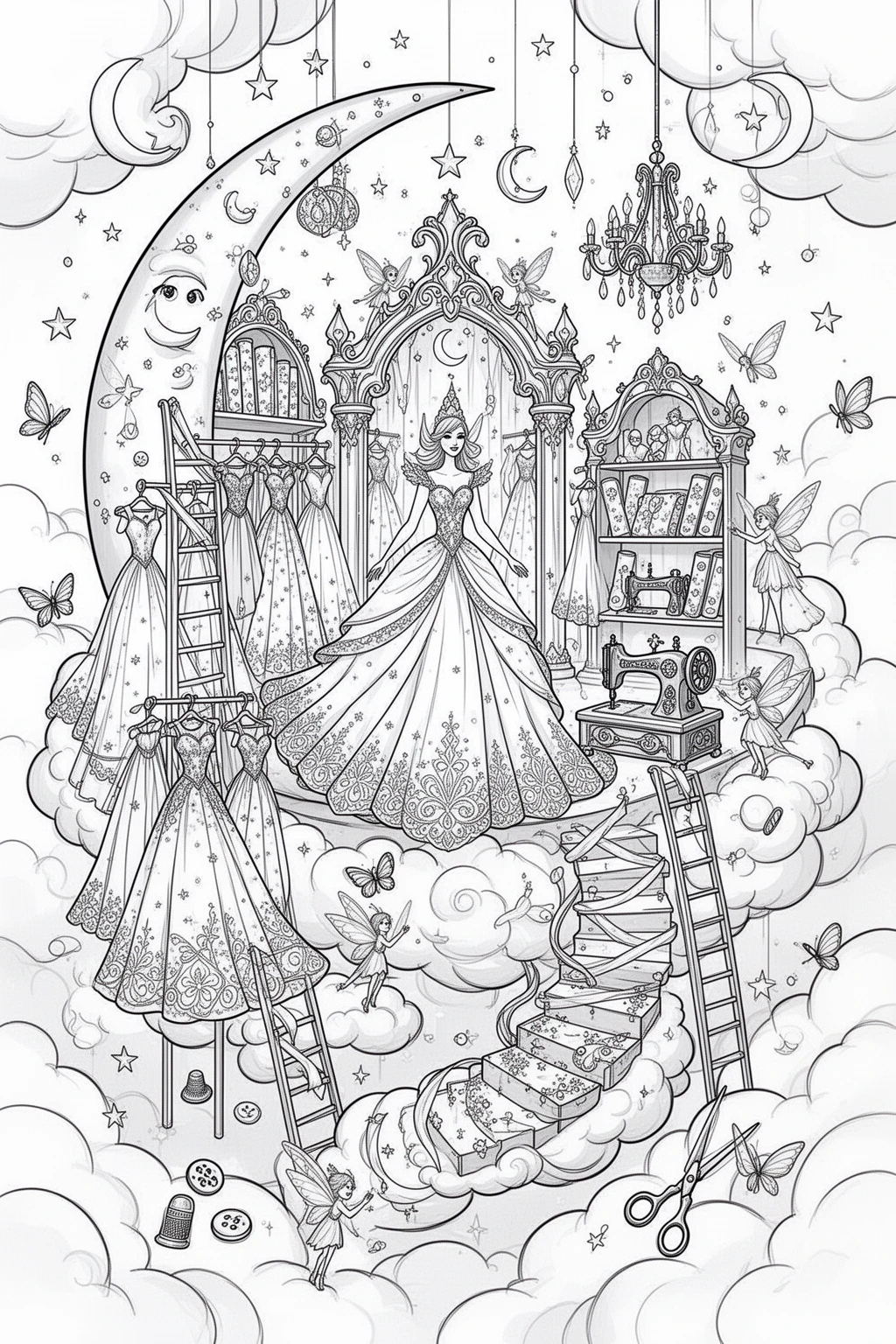 MAGICAL Dress Shop in the Clouds coloring page.