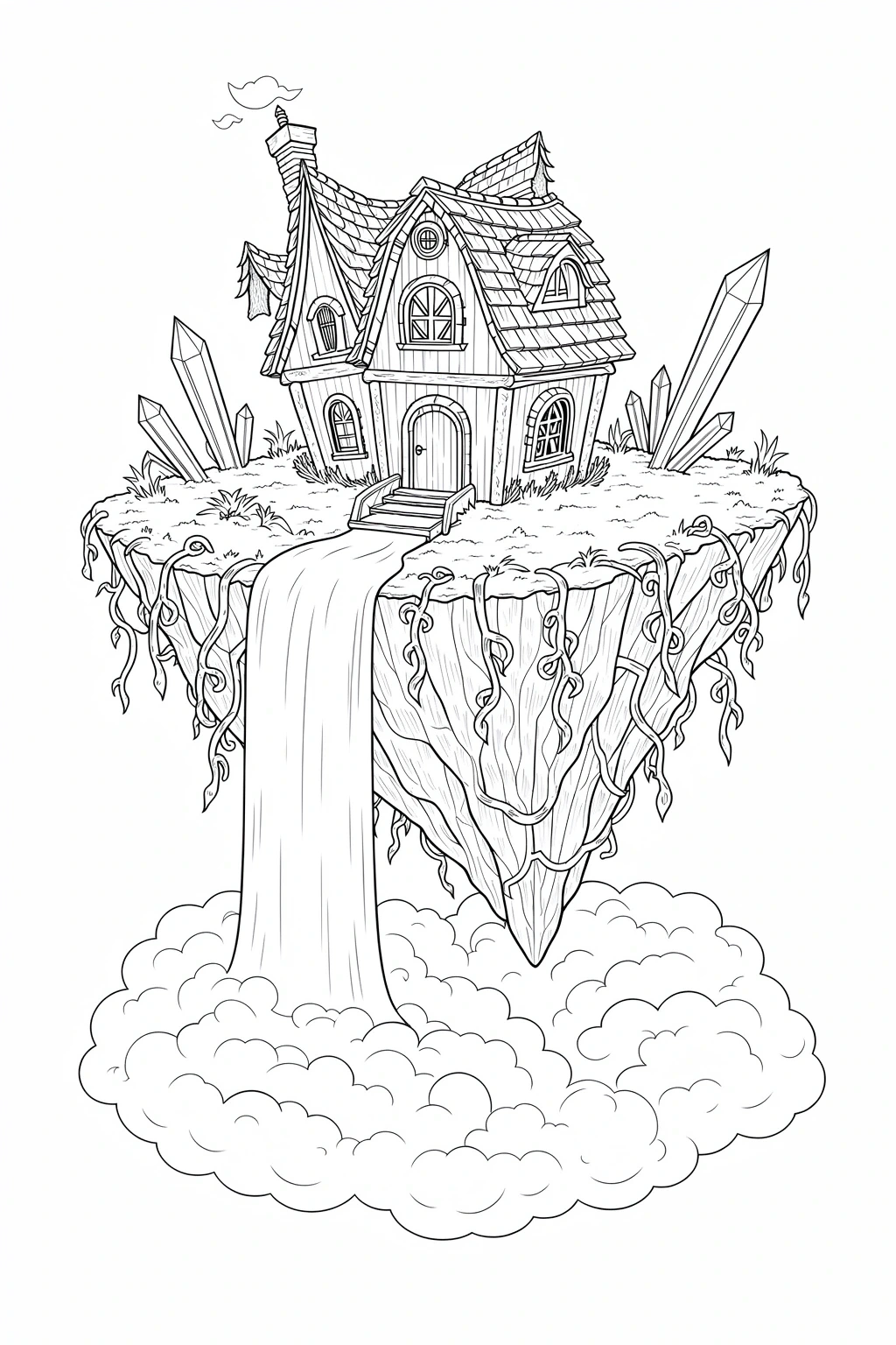 Black-and-white detailed coloring page of a floating island with a fairy-tale house, crystals, vines and clouds perfect kids' coloring page and a printable coloring page with intricate coloring