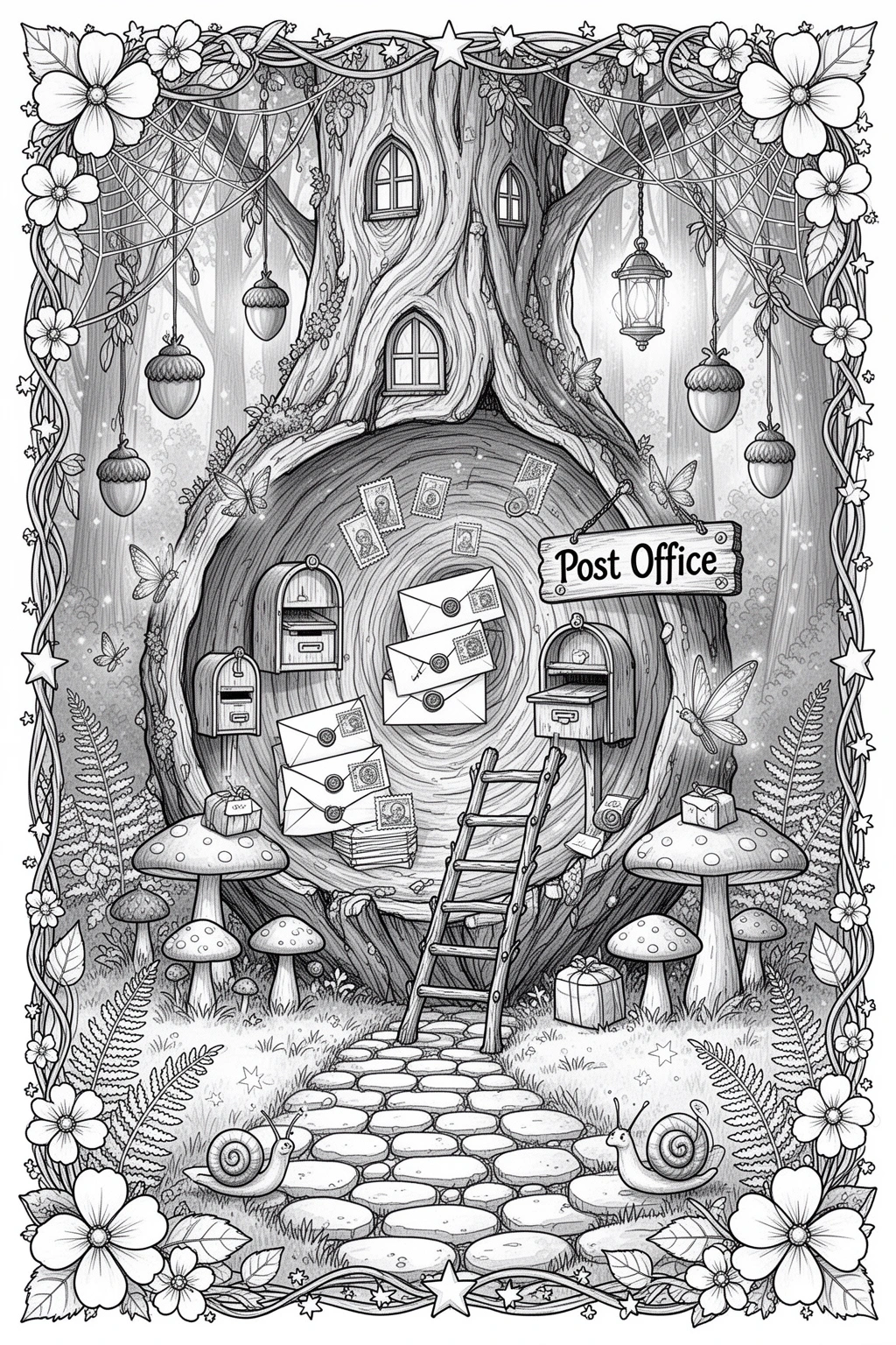 Enchanting Fairy Post Office coloring page in a Hollow Log.