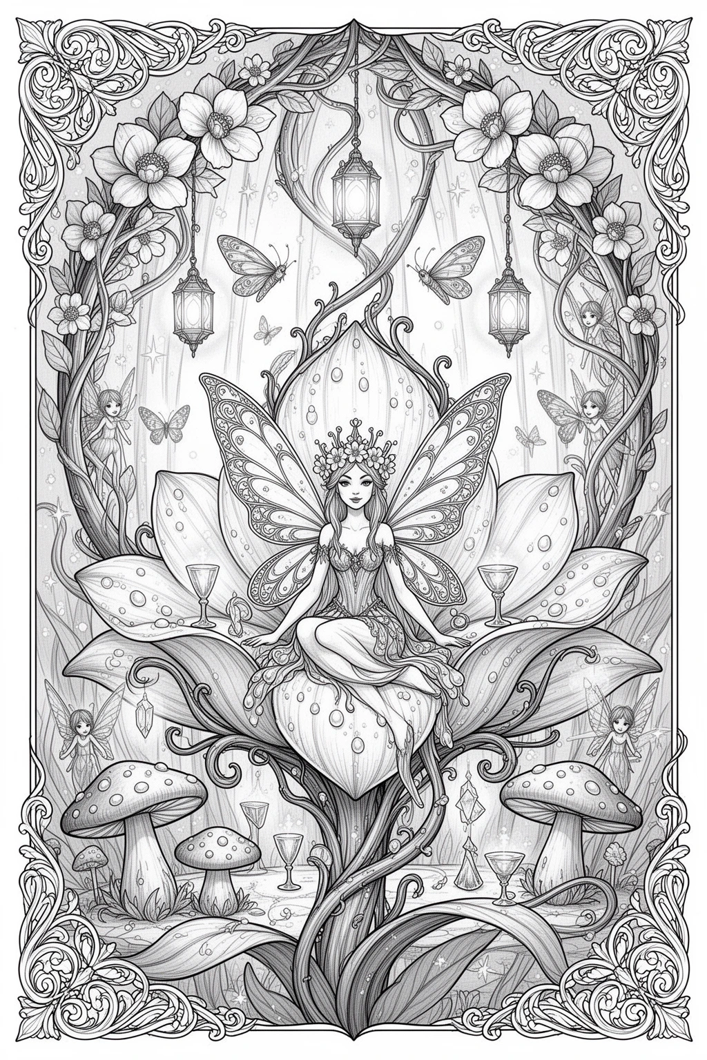 Enchanted Petal Palace | Fairy Queen coloring page.