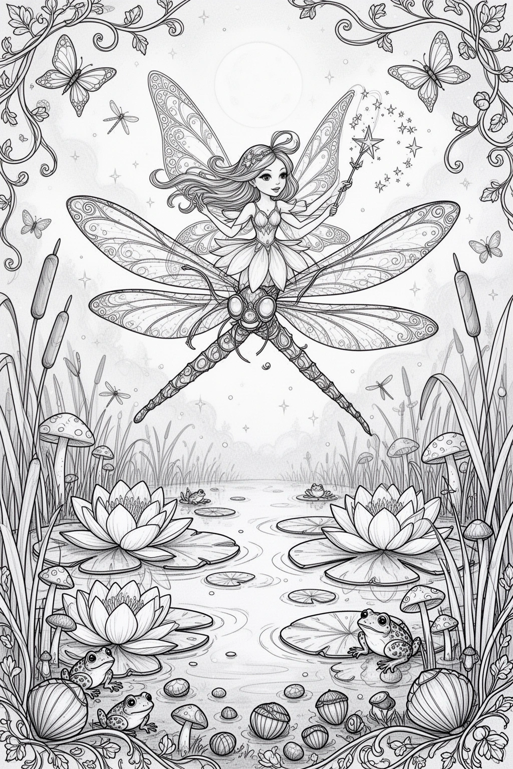 Enchanted Fairy Dragonfly Ride coloring page.