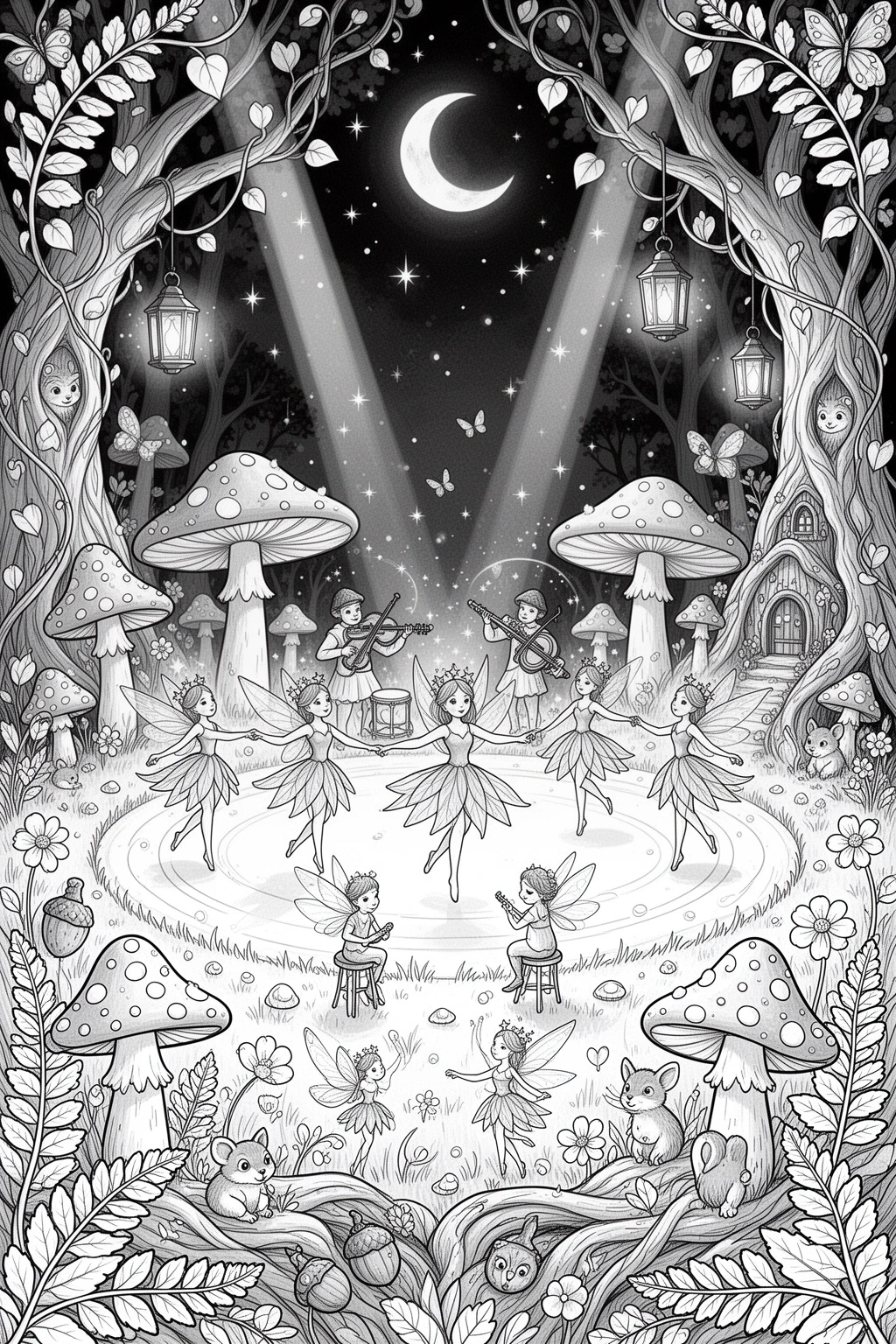 Enchanted Fairy Ring Mushroom Dance Party coloring page.