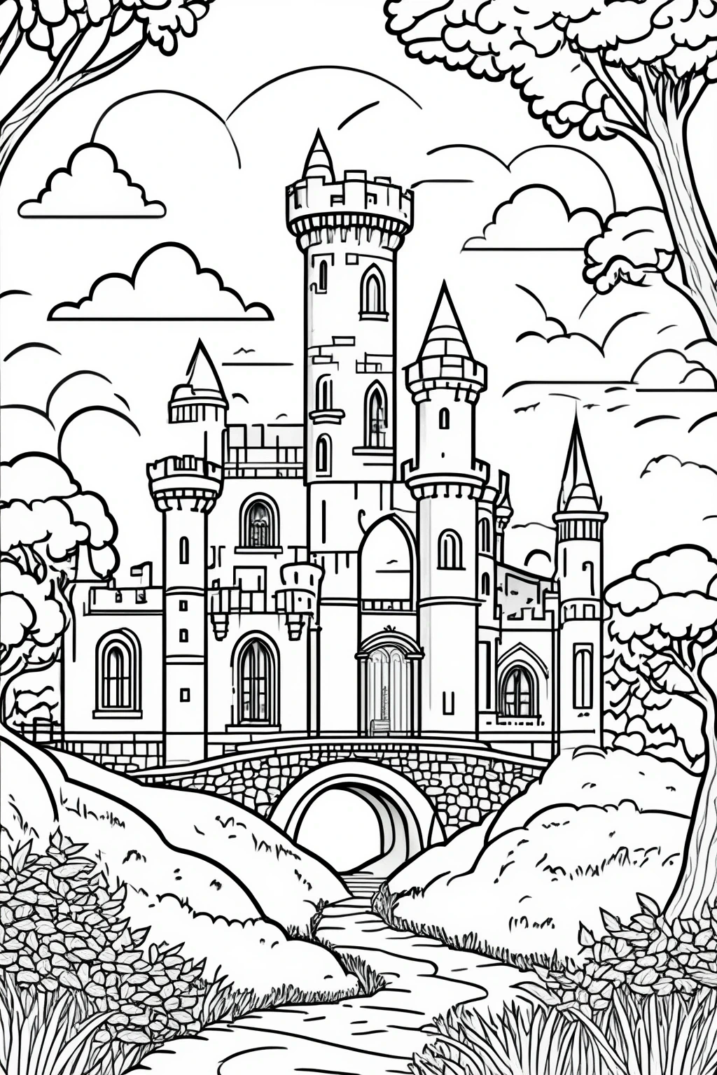 Black and white printable coloring page of a magical castle with tall towers, stone bridge, clouds, trees, and a winding path, designed as detailed coloring page, kids' coloring page, printable