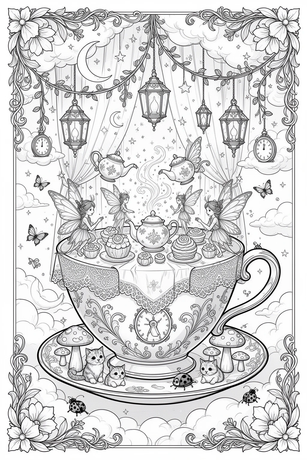 Fairy Tea Party in a Teacup coloring page.