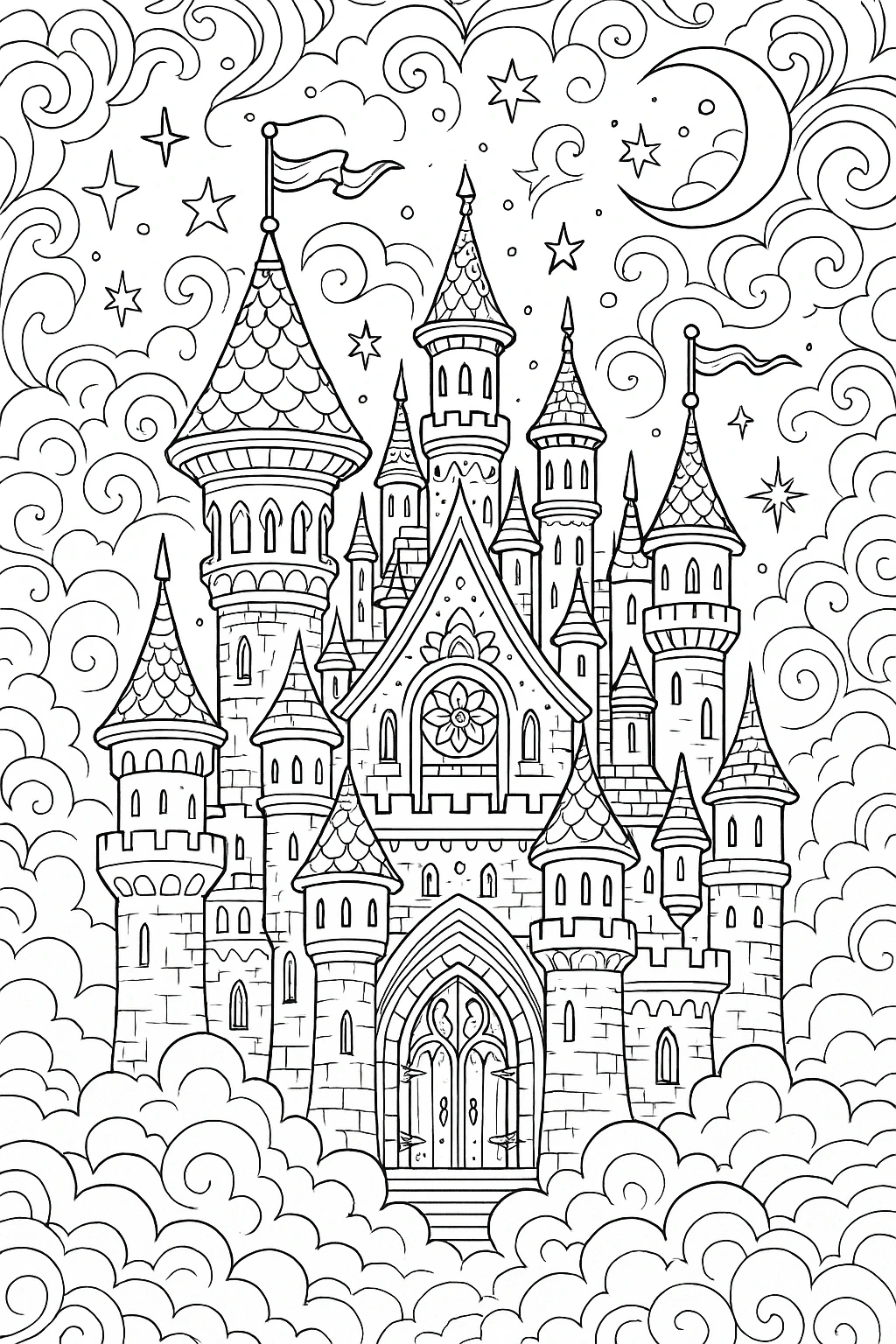 Intricate enchanted castle line art detailed coloring page for kids' coloring page and adult artists; printable coloring page and coloring sheets with towers, clouds, stars, and moon.