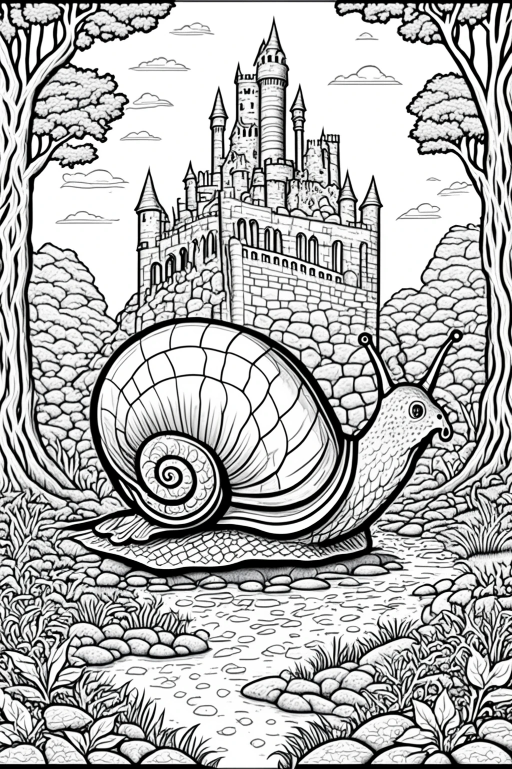 Black-and-white fantasy coloring sheet showing a giant snail in front of a stone castle framed by trees and rocks. High-detail printable coloring page perfect for kids' coloring page, detailed