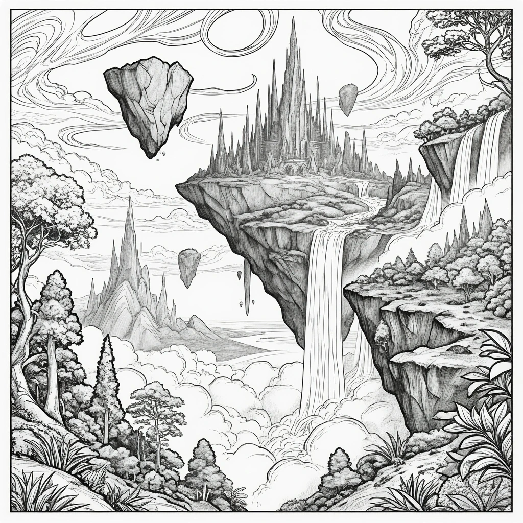 Black and white fantasy landscape coloring page showing a floating castle on a cliff island with tall spires, waterfalls, clouds, trees, and detailed rocky terrain, ideal for detailed coloring page