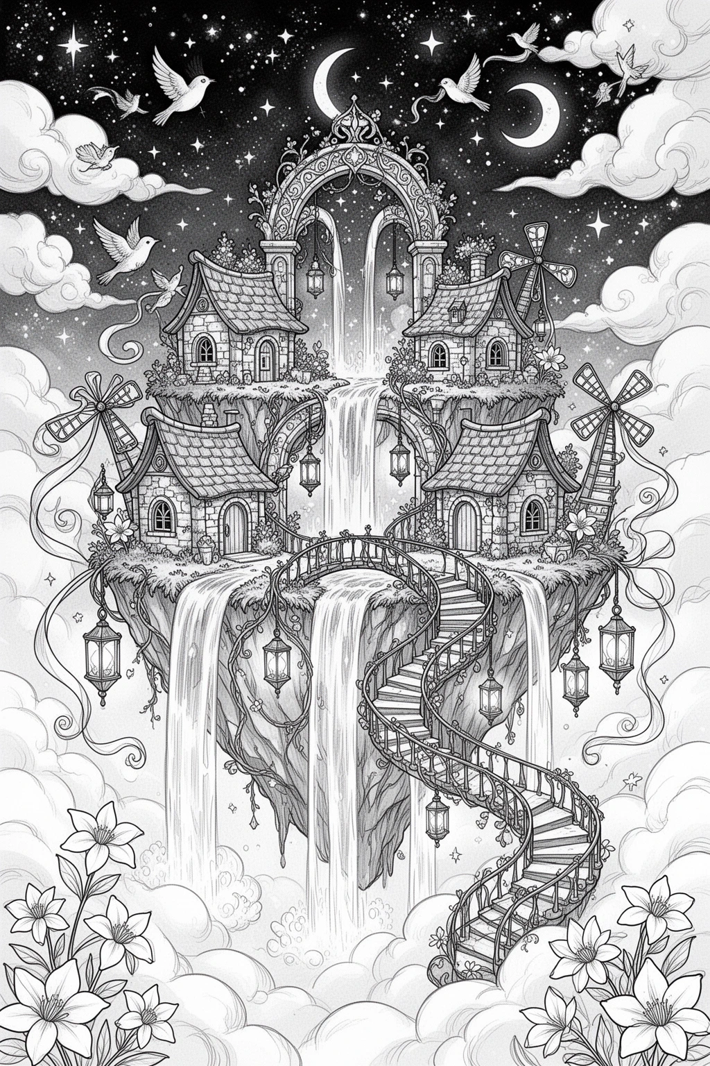 Floating Island Sky Village coloring page.