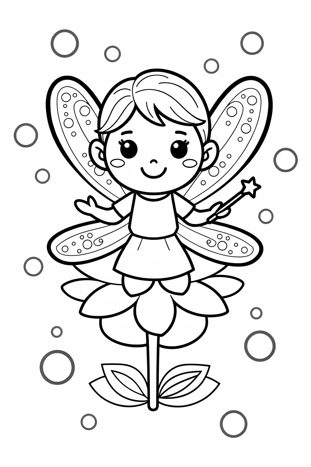 Black-and-white flower fairy coloring page detailed coloring page and kids' coloring page style. A printable coloring page sheet with fairy wings, wand and bubbles perfect printable coloring page