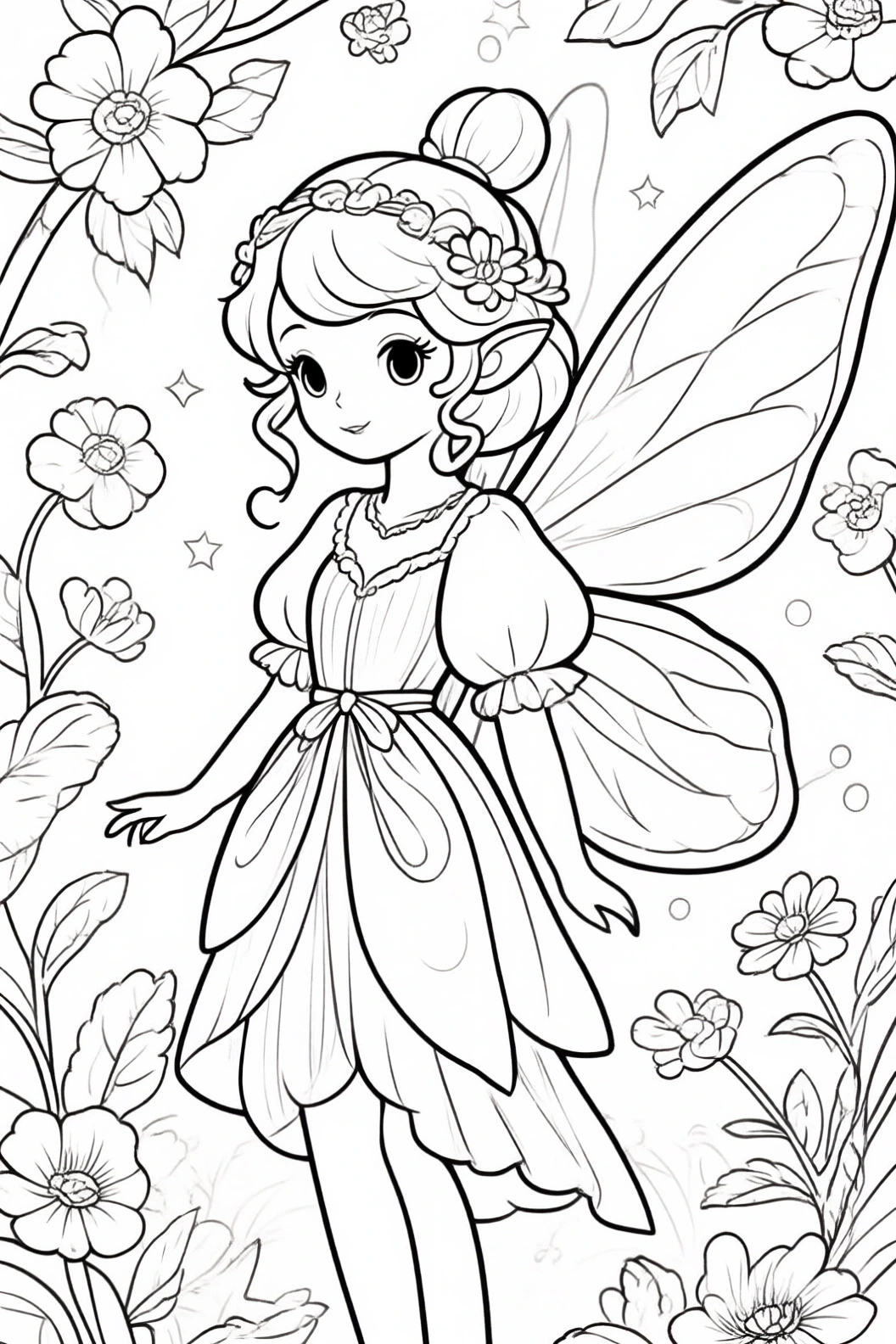 Black-and-white flower fairy line art for a printable coloring page showing a young fairy with wings among flowers perfect for detailed coloring page, kids' coloring page, printable coloring page, and