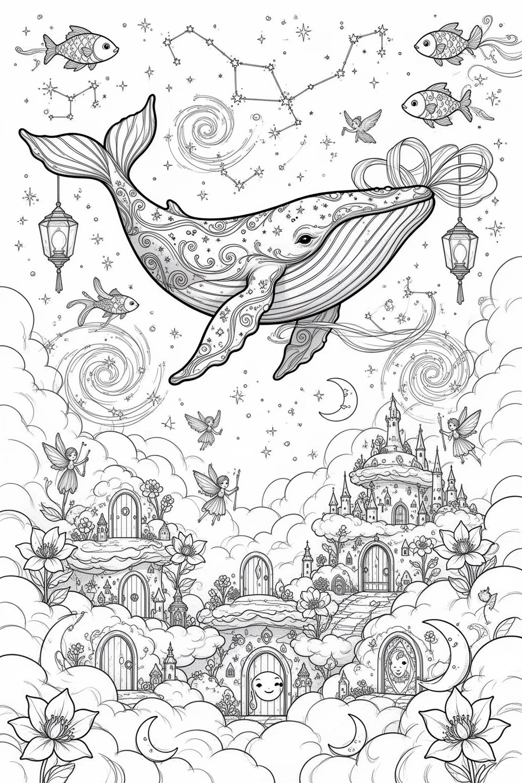 Flying Whale Dreams coloring page.