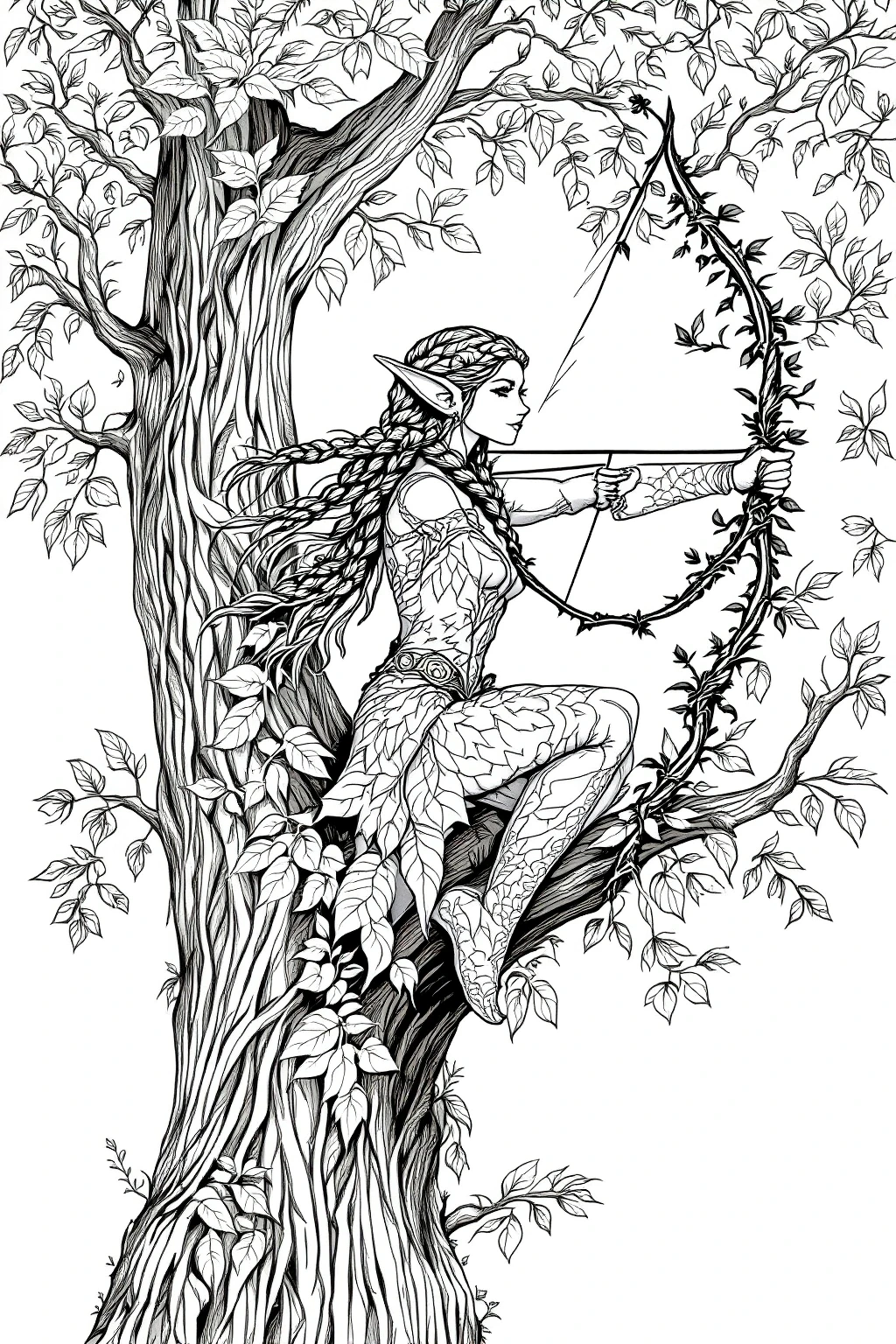 Black-and-white detailed coloring page of a forest elf archer sitting in a tree with a vine-wrapped bow. Intricate leaves, braided hair, and textured clothing make this a printable coloring page style