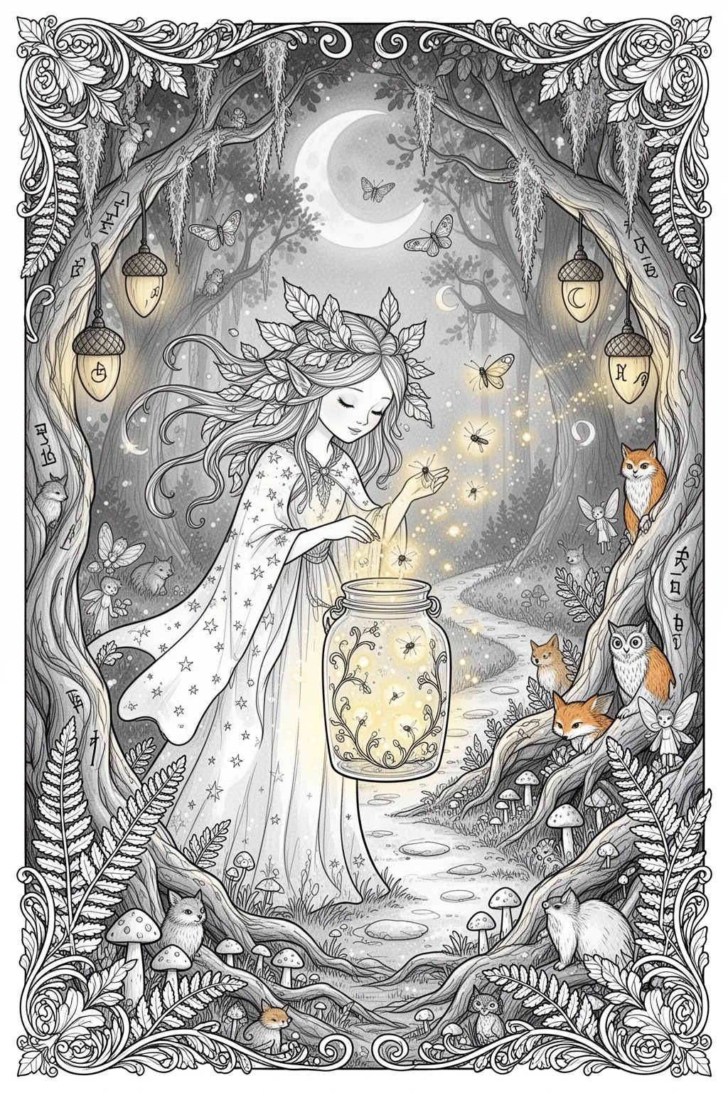 Enchanted Firefly Keeper coloring page Magical Forest Spirit Printable.