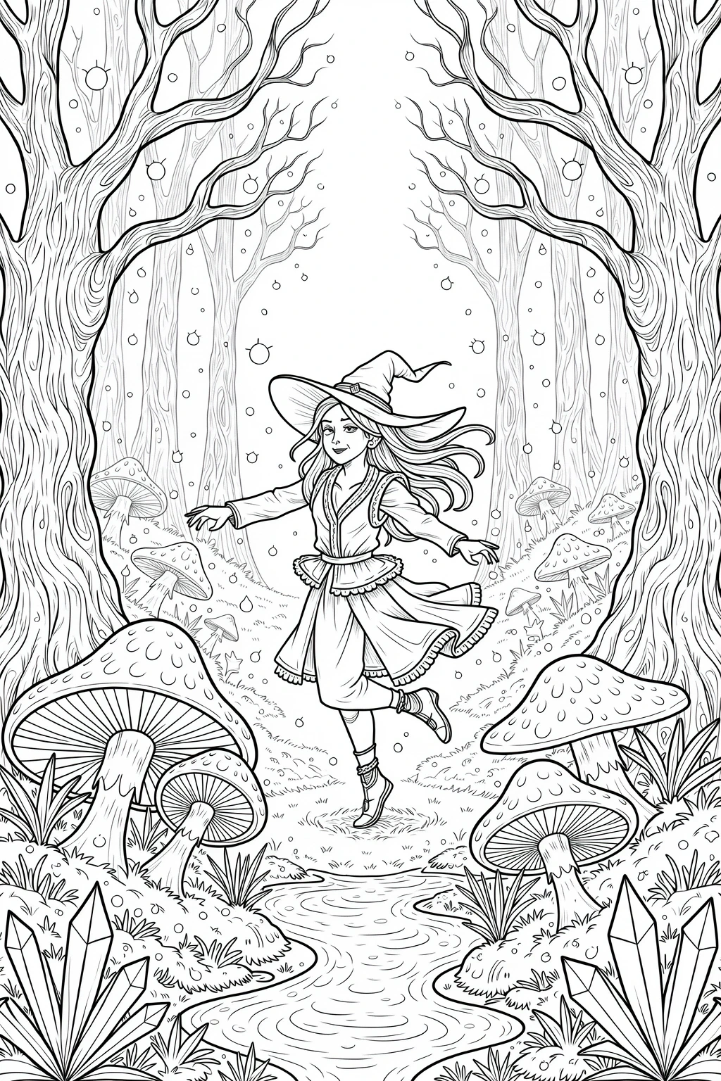 Black-and-white detailed coloring page of a witch dancing in a mushroom forest printable coloring page style, kids' coloring page and coloring sheets.