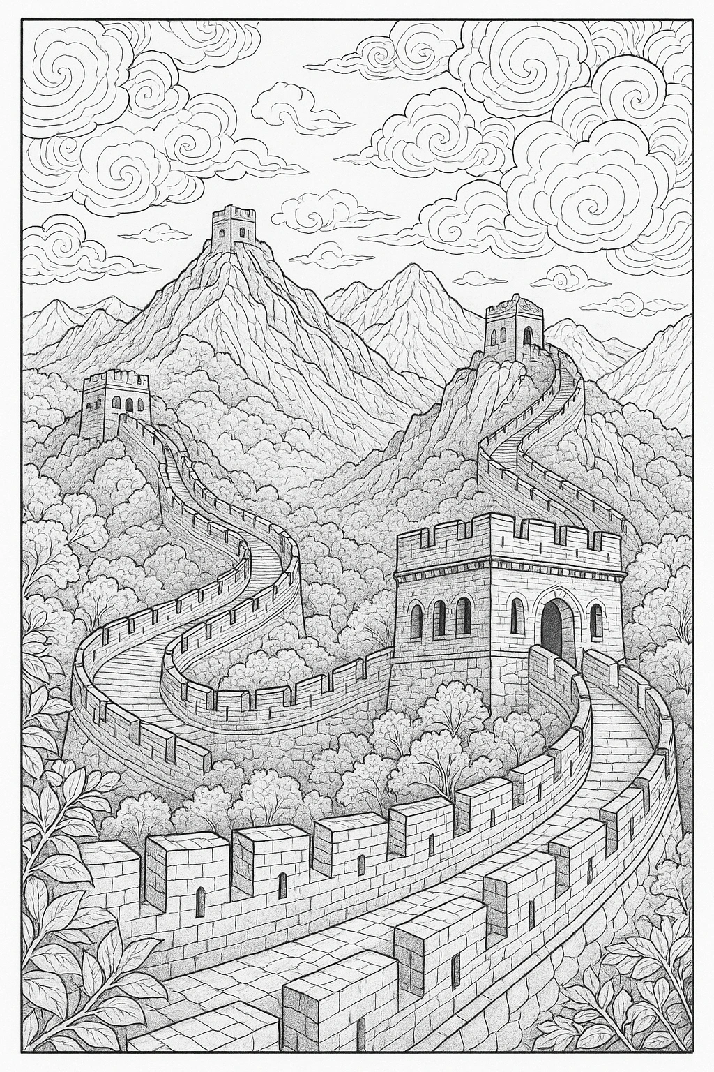 Black-and-white printable coloring sheet of a winding castle wall across mountains and trees; a detailed coloring page design ideal for kids' coloring page, printable coloring page and single coloring