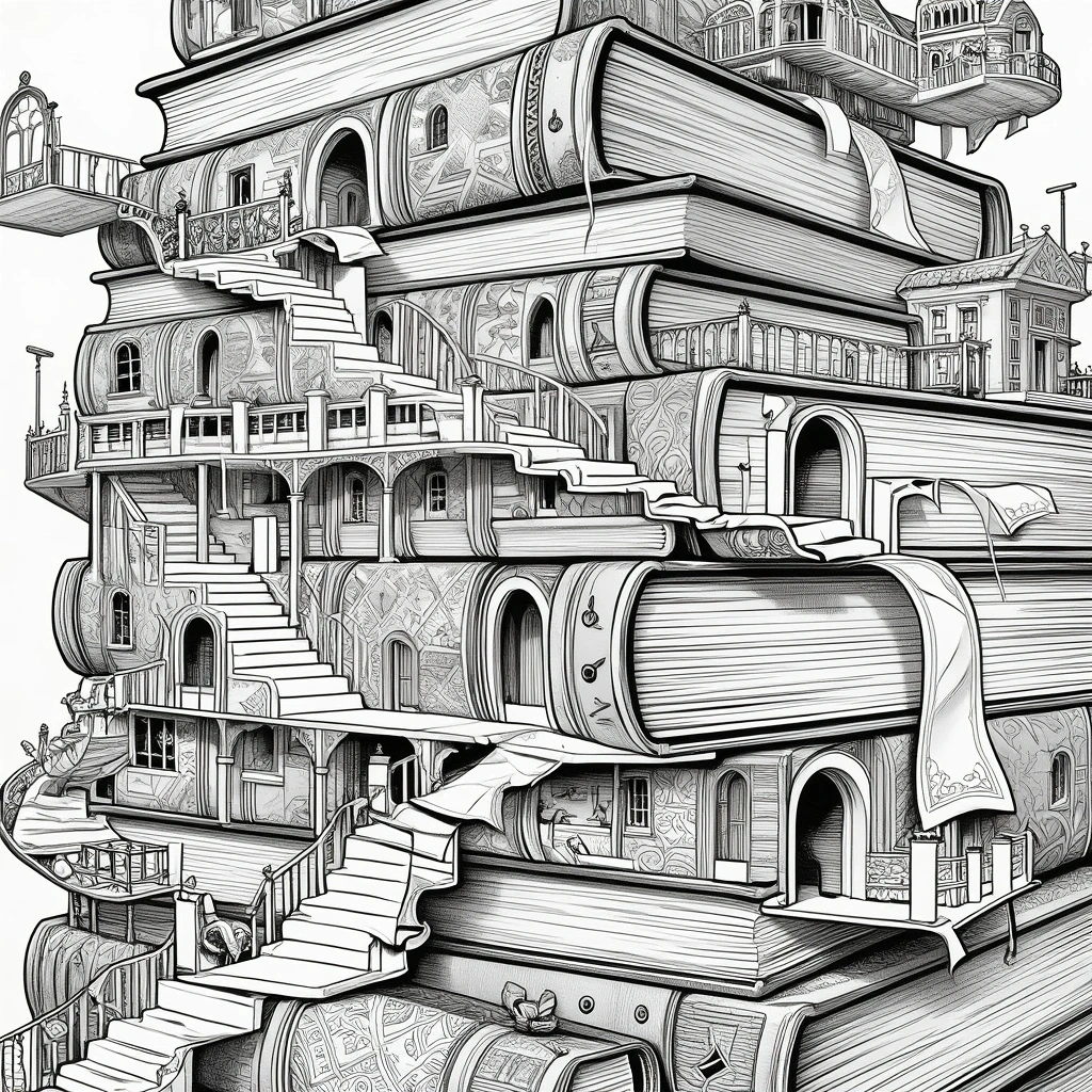 Black and white fantasy illustration of a towering castle made from stacked books with stairways, arches, balconies, and tiny rooms, designed as detailed coloring page for a printable coloring page