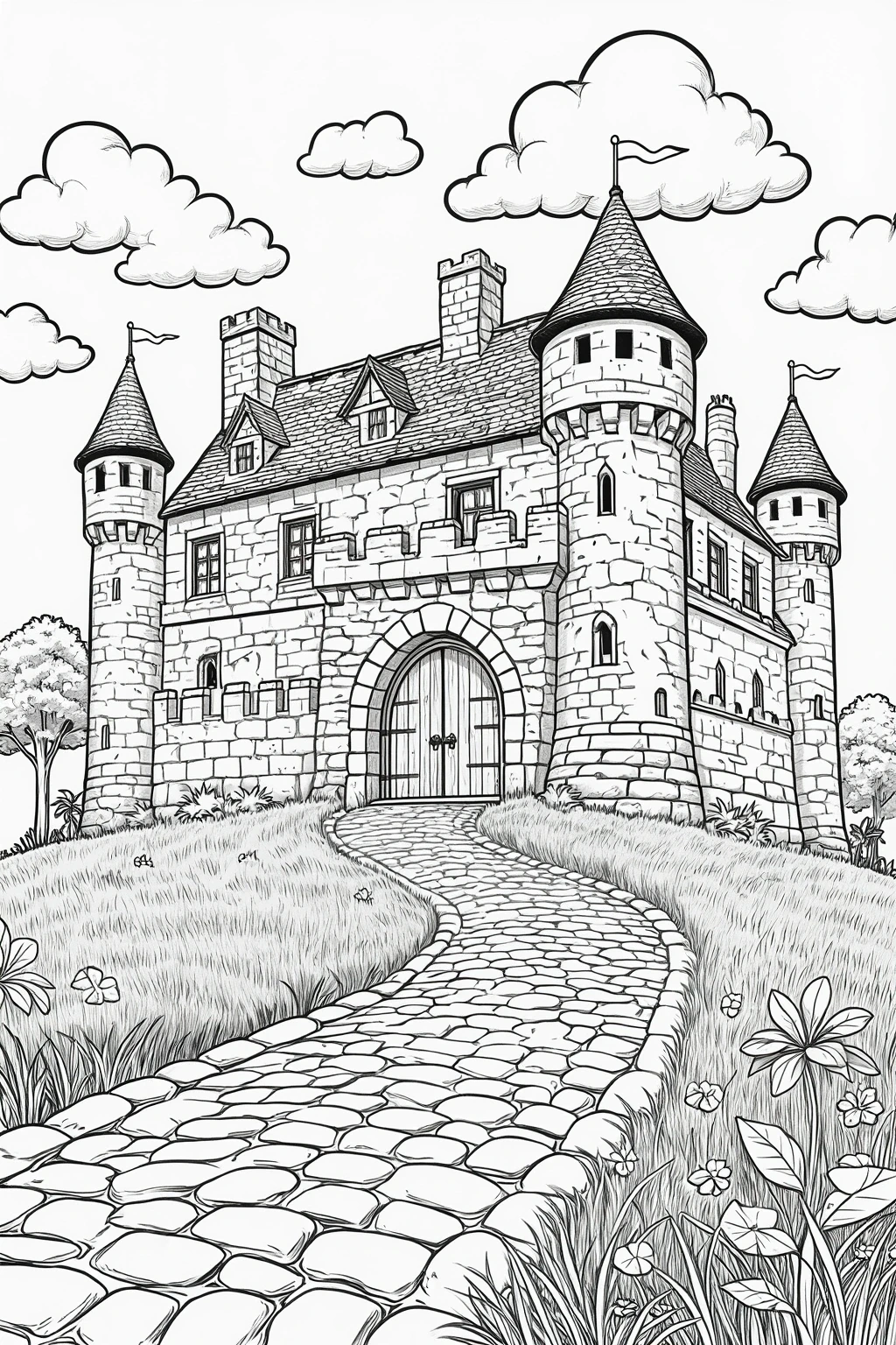 Black and white castle coloring page with towers, stone walls, clouds, a winding path, and detailed grass and flowers; a printable coloring page style image with detailed coloring page, kids' coloring