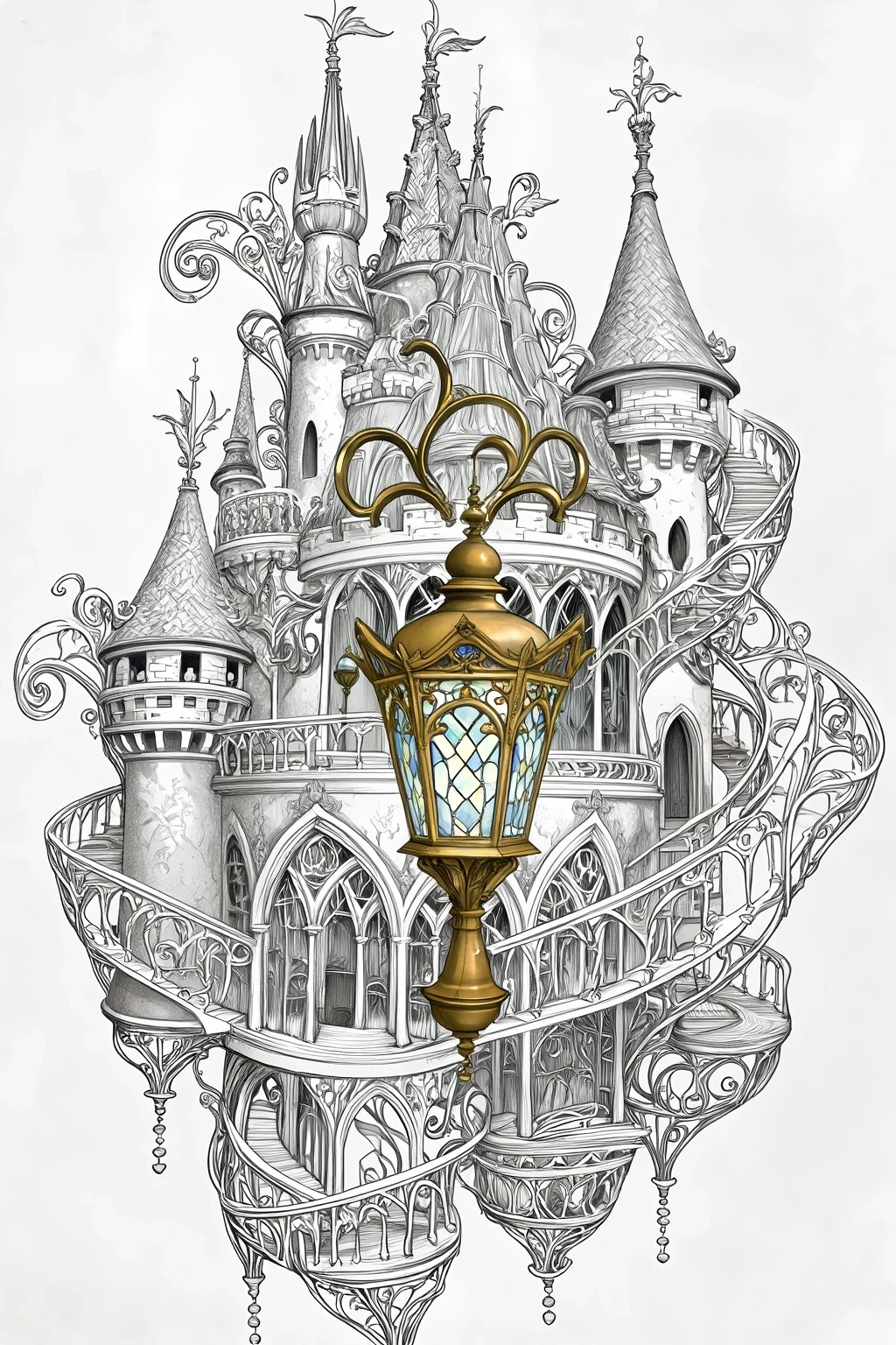 Intricate fantasy castle with ornate towers and a decorative lantern in the foreground, designed as a detailed coloring page with fairy-tale architecture and elegant line art for printable coloring