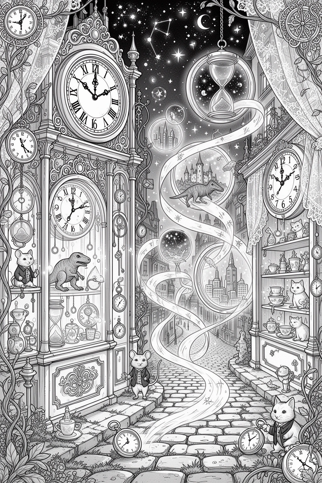 Mystical Clock Shop Time Portals | coloring page Printable.