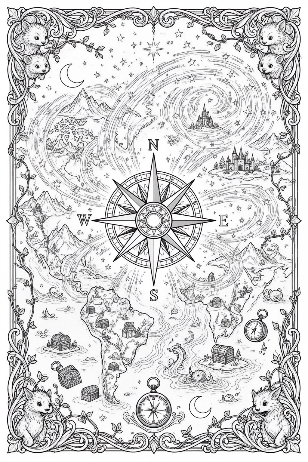 Star-Seeking Compass Rose Printable coloring page.