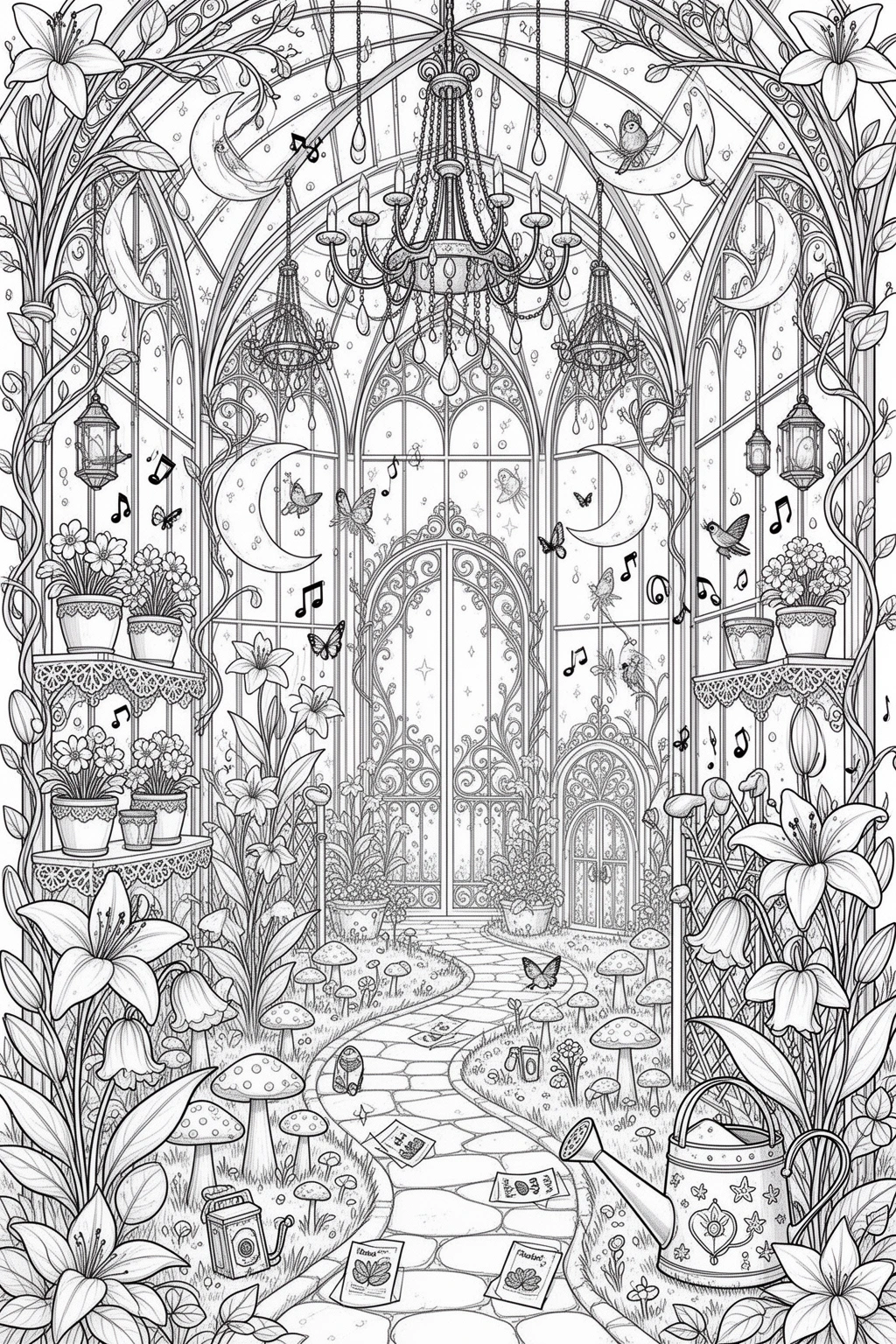 Can You Color This Enchanted Greenhouse of Singing Plants? coloring page.