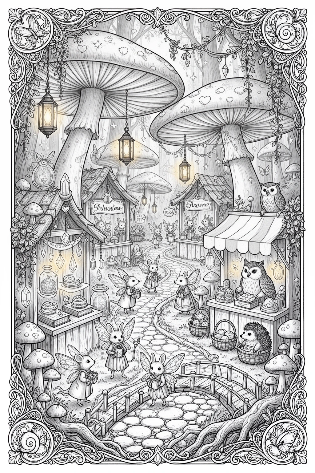 Can You Color This Magical Mushroom Fairy Marketplace? coloring page.