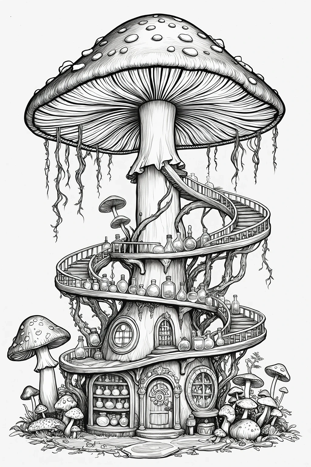 Black and white detailed coloring page of a magical mushroom house with winding staircases, tiny bottles, and forest mushrooms, designed as a whimsical printable coloring page illustration and