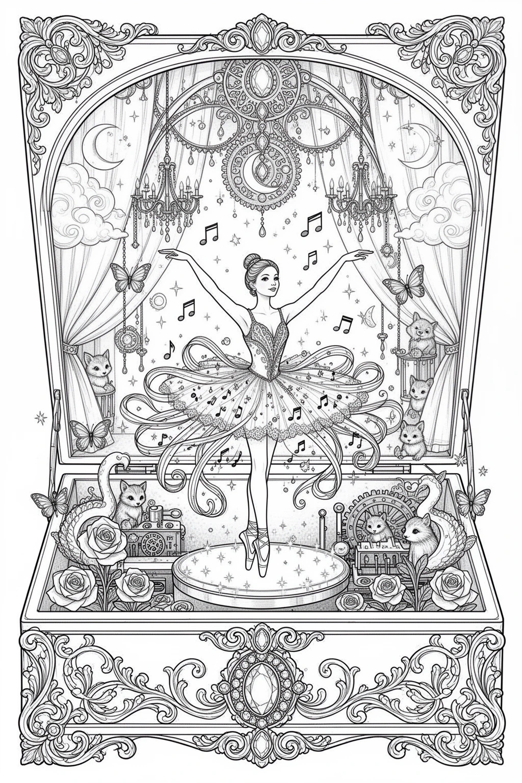 Enchanted Ballerina Dreams | Magical Music Box coloring page.