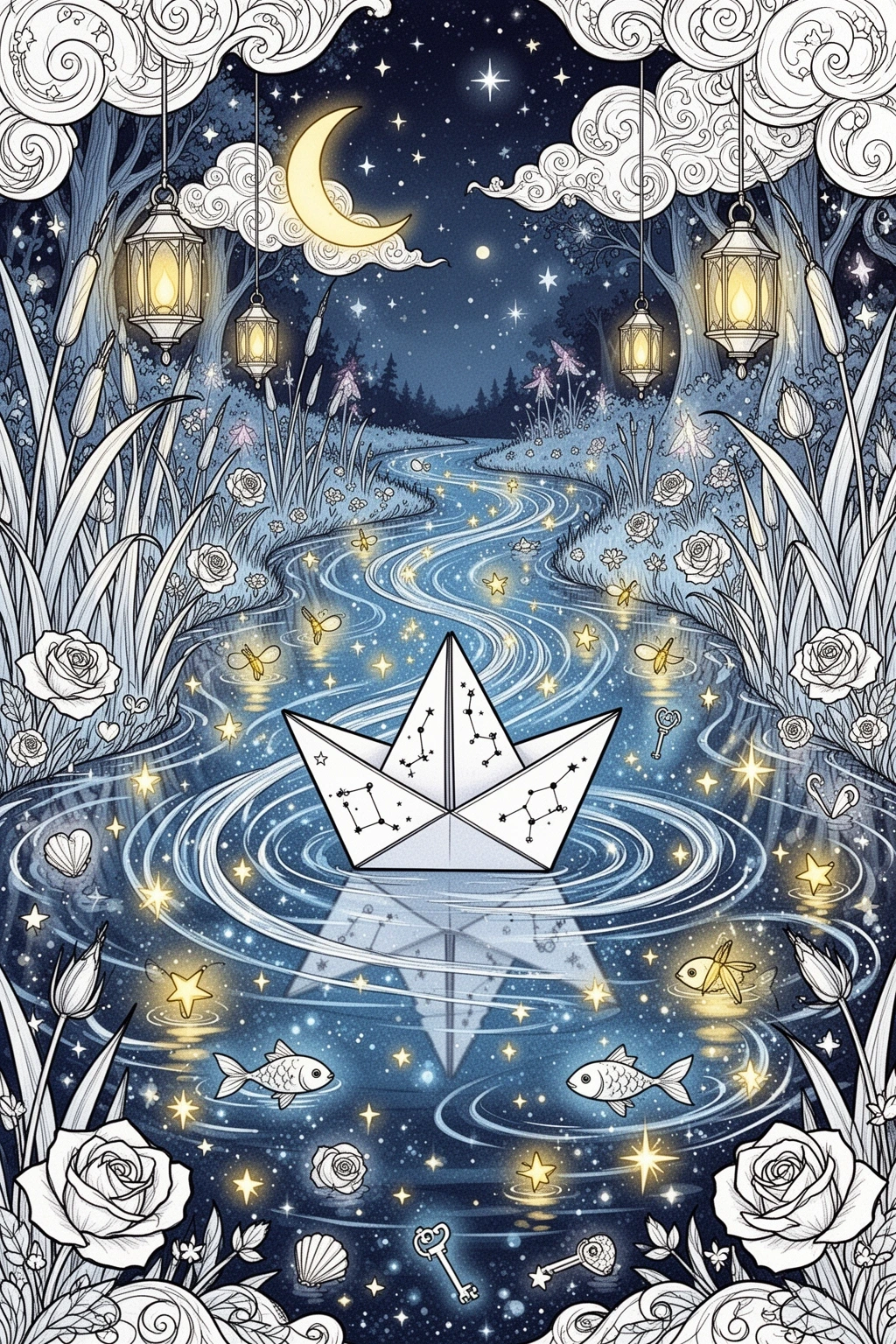 Magical Paper Boat coloring page for a Starry River Adventure.