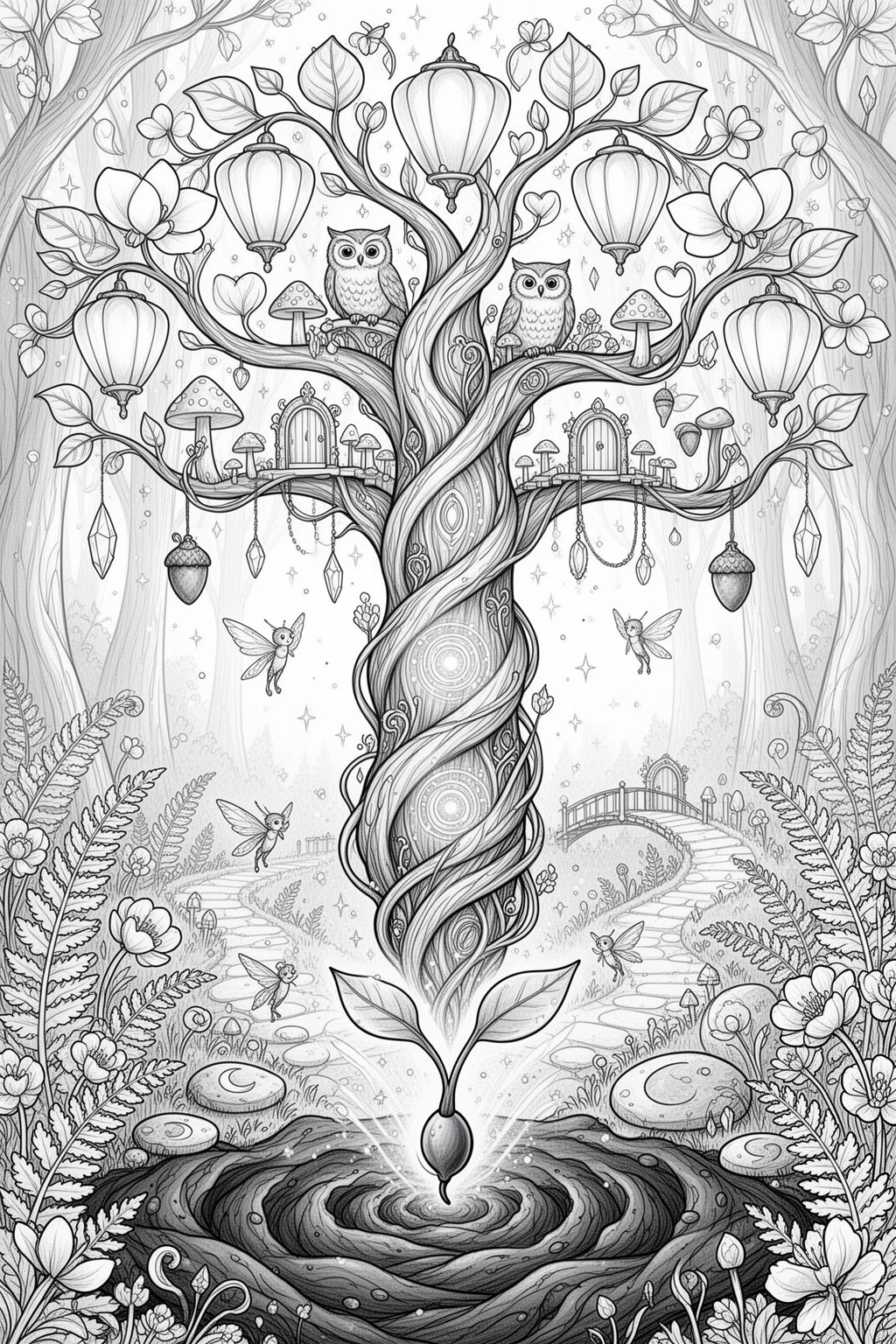 Magical Seed to Fairy Tree | Whimsical coloring page Printable.