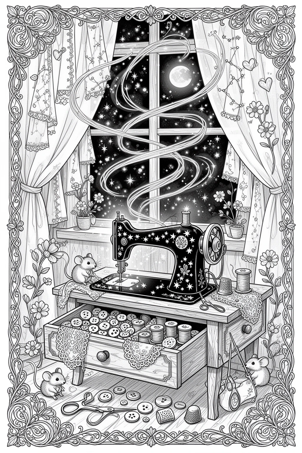 Enchanted Thread Dreams Magical Sewing Room coloring page.