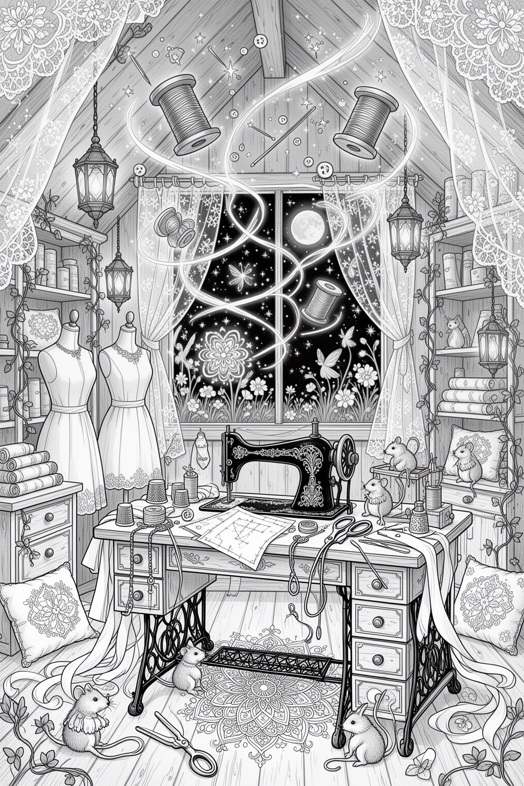 Enchanted Thread Atelier | Magical Sewing Room coloring page.