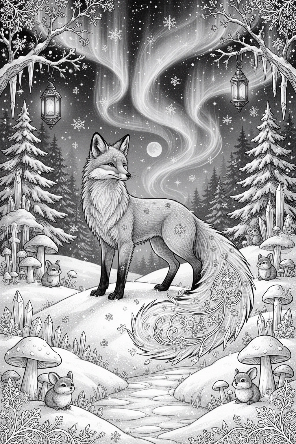 Enchanting Snow Fox coloring page.